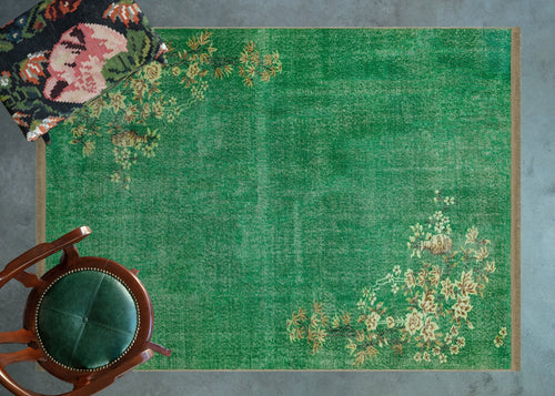 Yeşil Çiçekli Modern Etnik Desenli Halı  | Makinada Yıkanabilir | Hav Toz Vermez | Leke Tutmayan | Kaymaz Taban | Dijital Makine Baskı | Salon Yolluk Mutfak Halısı