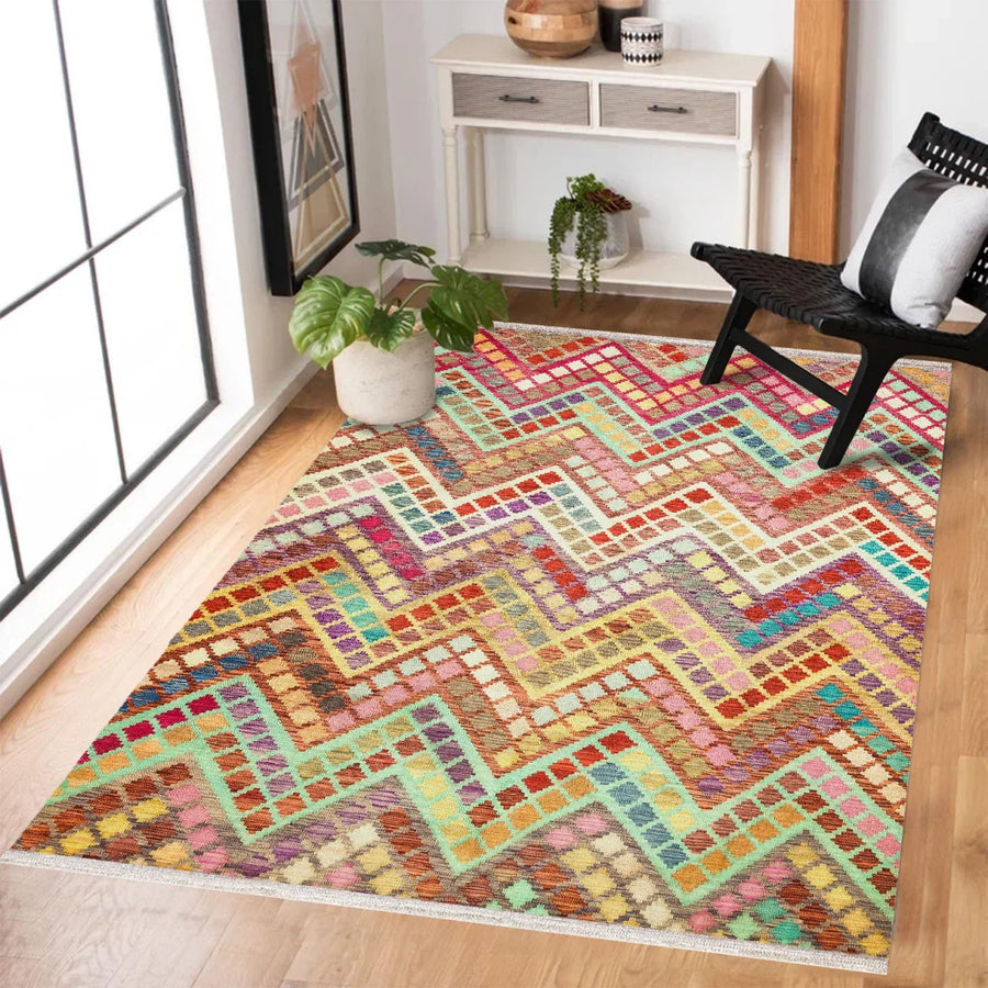 Renkli Geometrik Modern Halı - Yıkanabilir - Kaymaz Taban - Pati Dostu