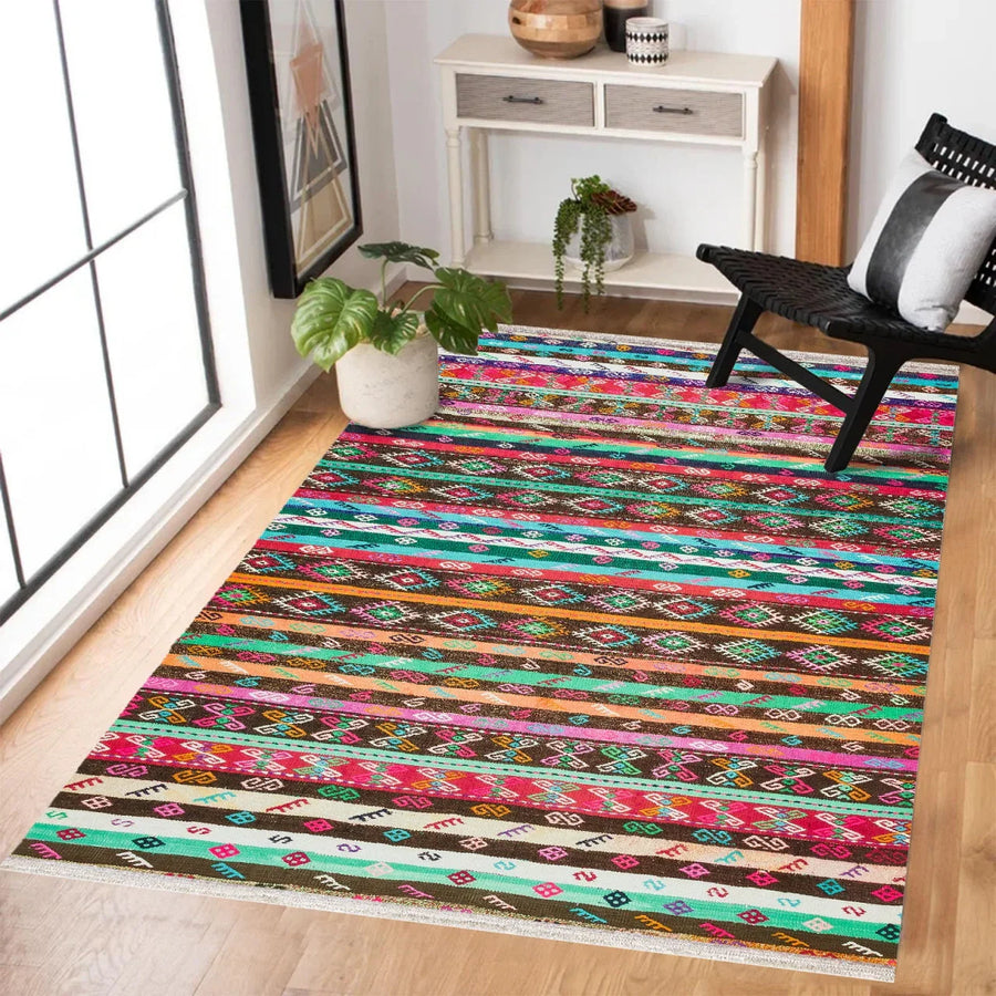 Renkli Etnik Modern Halı - Yıkanabilir - Kaymaz Taban - Pati Dostu