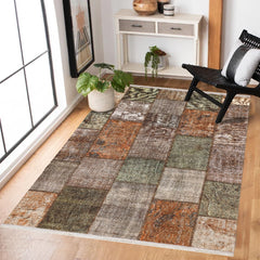Kahve Patchwork Modern Etnik Desenli Halı  | Makinada Yıkanabilir | Hav Toz Vermez | Leke Tutmayan | Kaymaz Taban | Dijital Makine Baskı | Salon Yolluk Mutfak Halısı