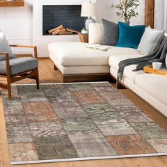 Kahve Patchwork Modern Etnik Desenli Halı  | Makinada Yıkanabilir | Hav Toz Vermez | Leke Tutmayan | Kaymaz Taban | Dijital Makine Baskı | Salon Yolluk Mutfak Halısı