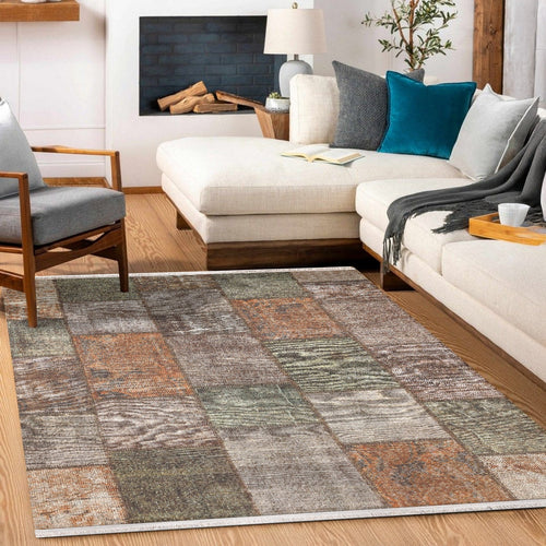 Kahve Patchwork Modern Etnik Desenli Halı  | Makinada Yıkanabilir | Hav Toz Vermez | Leke Tutmayan | Kaymaz Taban | Dijital Makine Baskı | Salon Yolluk Mutfak Halısı