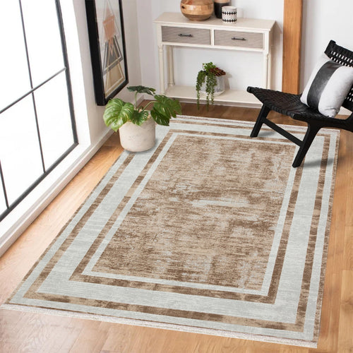 Krem Çerçeveli Modern Etnik Desenli Halı  | Makinada Yıkanabilir | Hav Toz Vermez | Leke Tutmayan | Kaymaz Taban | Dijital Makine Baskı | Salon Yolluk Mutfak Halısı