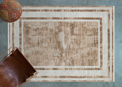 Krem Çerçeveli Modern Etnik Desenli Halı  | Makinada Yıkanabilir | Hav Toz Vermez | Leke Tutmayan | Kaymaz Taban | Dijital Makine Baskı | Salon Yolluk Mutfak Halısı