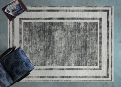 Antrasit Çerçeveli Modern Etnik Desenli Halı  | Makinada Yıkanabilir | Hav Toz Vermez | Leke Tutmayan | Kaymaz Taban | Dijital Makine Baskı | Salon Yolluk Mutfak Halısı