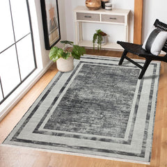 Antrasit Çerçeveli Modern Etnik Desenli Halı  | Makinada Yıkanabilir | Hav Toz Vermez | Leke Tutmayan | Kaymaz Taban | Dijital Makine Baskı | Salon Yolluk Mutfak Halısı