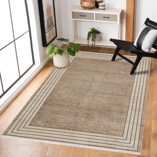 Krem Çerçeveli Modern Etnik Desenli Halı  | Makinada Yıkanabilir | Hav Toz Vermez | Leke Tutmayan | Kaymaz Taban | Dijital Makine Baskı | Salon Yolluk Mutfak Halısı