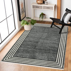 Siyah Çerçeveli Modern Etnik Desenli Halı  | Makinada Yıkanabilir | Hav Toz Vermez | Leke Tutmayan | Kaymaz Taban | Dijital Makine Baskı | Salon Yolluk Mutfak Halısı