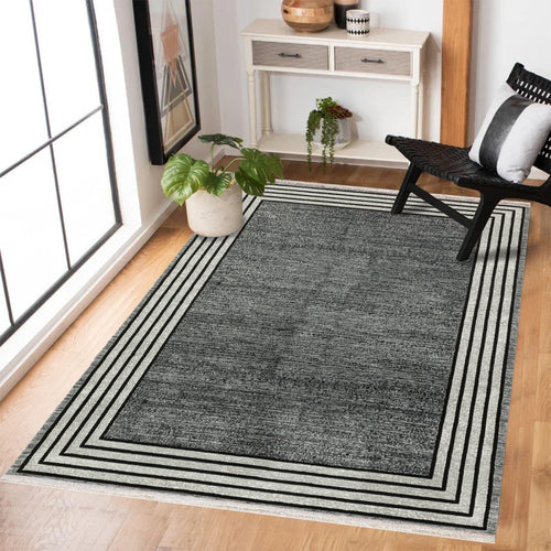 Siyah Çerçeveli Modern Etnik Desenli Halı  | Makinada Yıkanabilir | Hav Toz Vermez | Leke Tutmayan | Kaymaz Taban | Dijital Makine Baskı | Salon Yolluk Mutfak Halısı