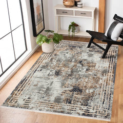 Mavi Çerçeveli Modern Etnik Desenli Halı  | Makinada Yıkanabilir | Hav Toz Vermez | Leke Tutmayan | Kaymaz Taban | Dijital Makine Baskı | Salon Yolluk Mutfak Halısı