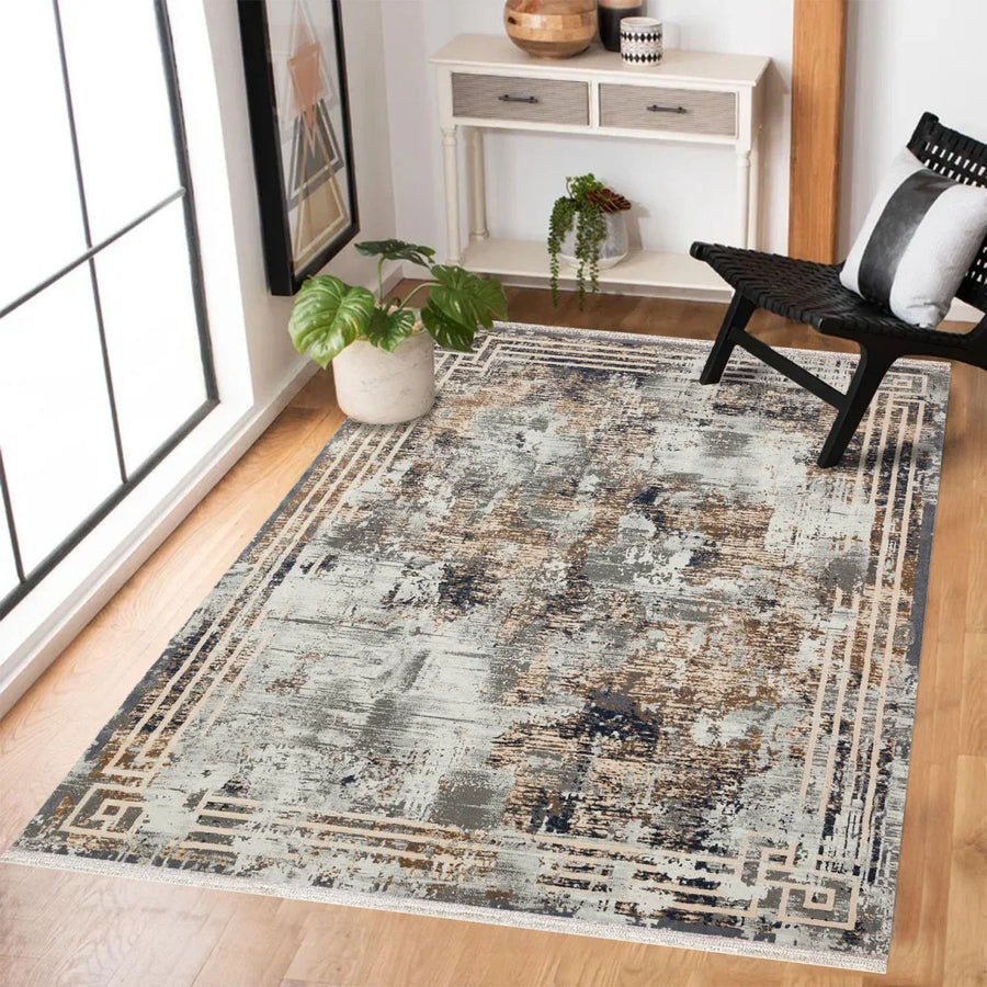 Gri Vizon Eskitme Modern Halı - Yıkanabilir - Kaymaz Taban - Pati Dostu