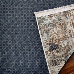 Mavi Çerçeveli Modern Etnik Desenli Halı  | Makinada Yıkanabilir | Hav Toz Vermez | Leke Tutmayan | Kaymaz Taban | Dijital Makine Baskı | Salon Yolluk Mutfak Halısı