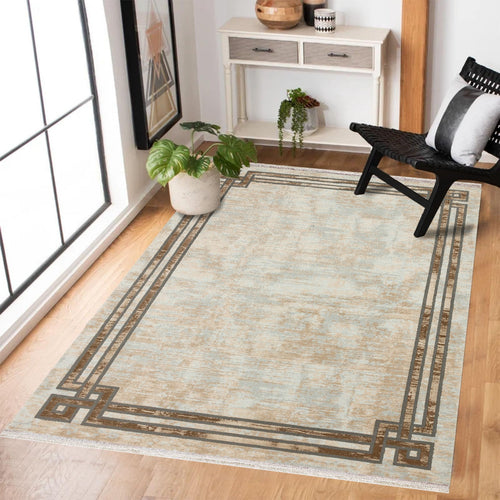 Krem Çerçeveli Modern Etnik Desenli Halı  | Makinada Yıkanabilir | Hav Toz Vermez | Leke Tutmayan | Kaymaz Taban | Dijital Makine Baskı | Salon Yolluk Mutfak Halısı