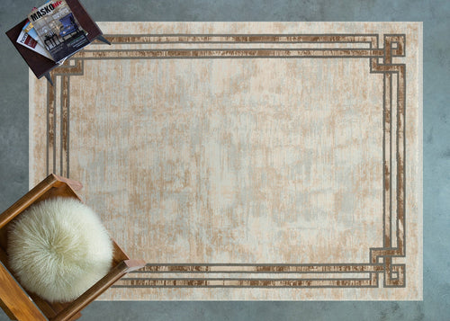 Krem Çerçeveli Modern Etnik Desenli Halı  | Makinada Yıkanabilir | Hav Toz Vermez | Leke Tutmayan | Kaymaz Taban | Dijital Makine Baskı | Salon Yolluk Mutfak Halısı