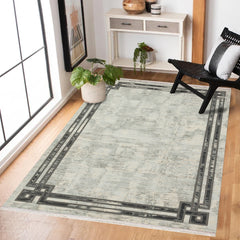 Gri Çerçeveli Modern Etnik Desenli Halı  | Makinada Yıkanabilir | Hav Toz Vermez | Leke Tutmayan | Kaymaz Taban | Dijital Makine Baskı | Salon Yolluk Mutfak Halısı