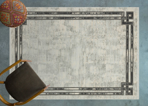 Gri Çerçeveli Modern Etnik Desenli Halı  | Makinada Yıkanabilir | Hav Toz Vermez | Leke Tutmayan | Kaymaz Taban | Dijital Makine Baskı | Salon Yolluk Mutfak Halısı