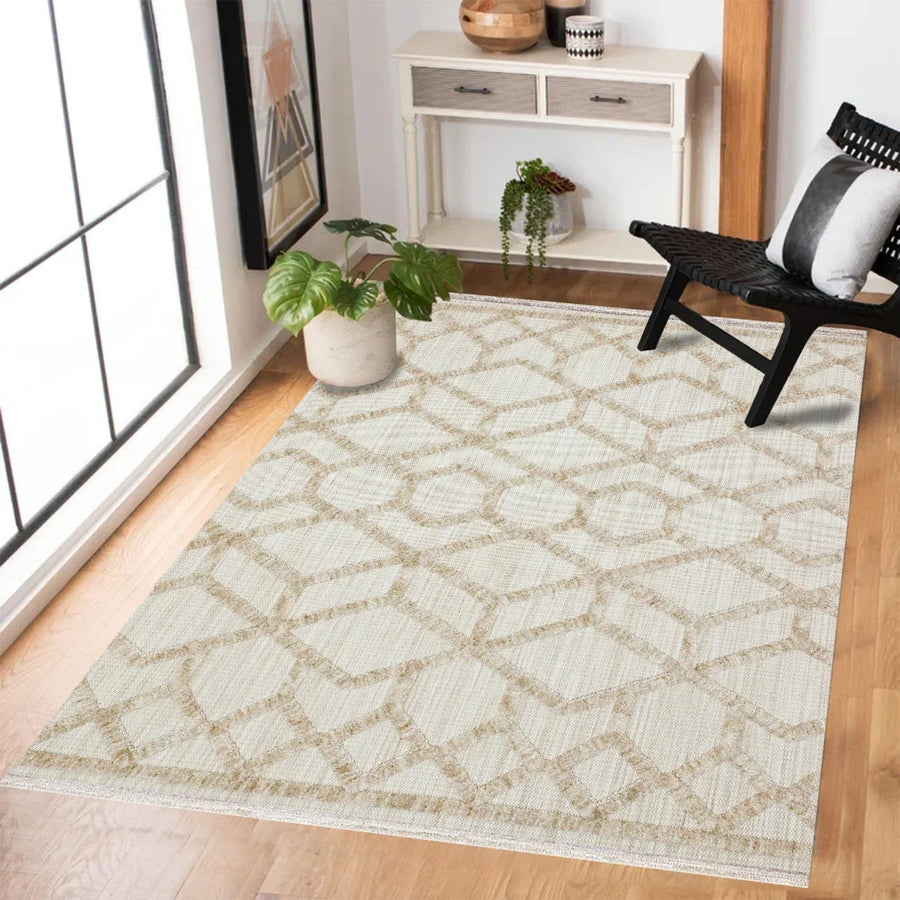 Bej Krem Geometrik Modern Halı - Yıkanabilir - Kaymaz Taban - Pati Dostu