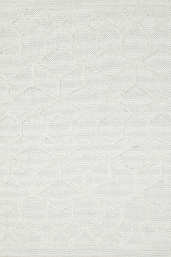 Beyaz Krem Geometrik Kabartmalı Halı - Yıkanabilir - Kaymaz Taban - Pati Dostu