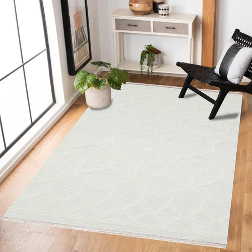 Beyaz Geometrik Modern Etnik Desenli Halı  | Makinada Yıkanabilir | Hav Toz Vermez | Leke Tutmayan | Kaymaz Taban | Dijital Makine Baskı | Salon Yolluk Mutfak Halısı