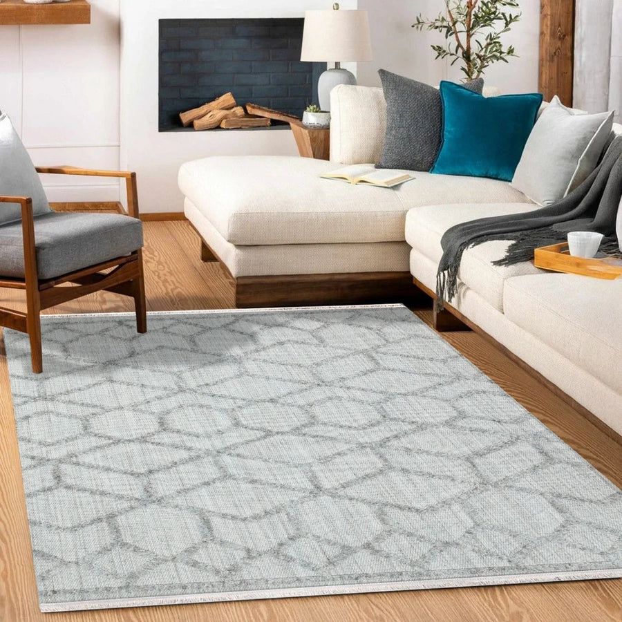 Beyaz Gri Geometrik Modern Halı - Yıkanabilir - Kaymaz Taban - Pati Dostu