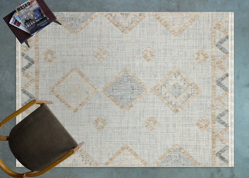 Bej Geometrik Modern Etnik Desenli Halı  | Makinada Yıkanabilir | Hav Toz Vermez | Leke Tutmayan | Kaymaz Taban | Dijital Makine Baskı | Salon Yolluk Mutfak Halısı