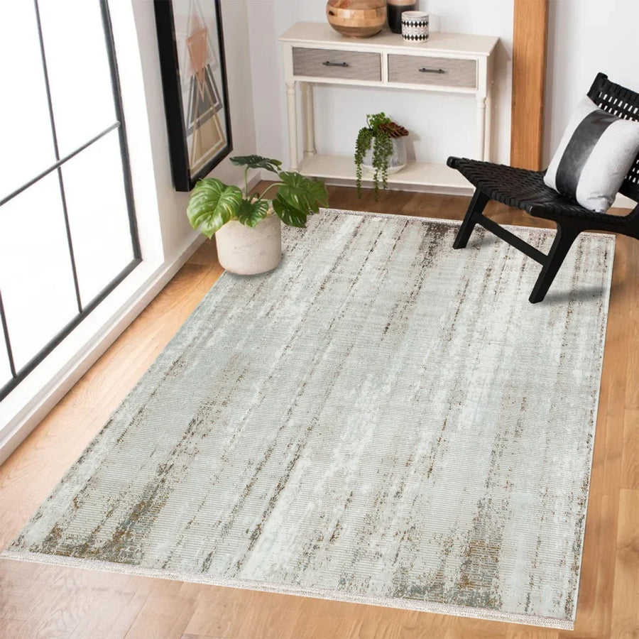 Gri Krem Eskitme Modern Halı - Yıkanabilir - Kaymaz Taban - Pati Dostu