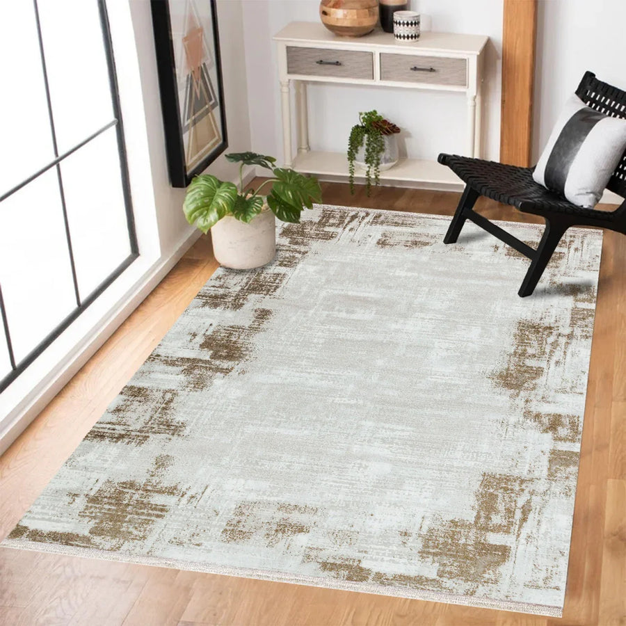 Krem Vizon Eskitme Modern Halı - Yıkanabilir - Kaymaz Taban - Pati Dostu