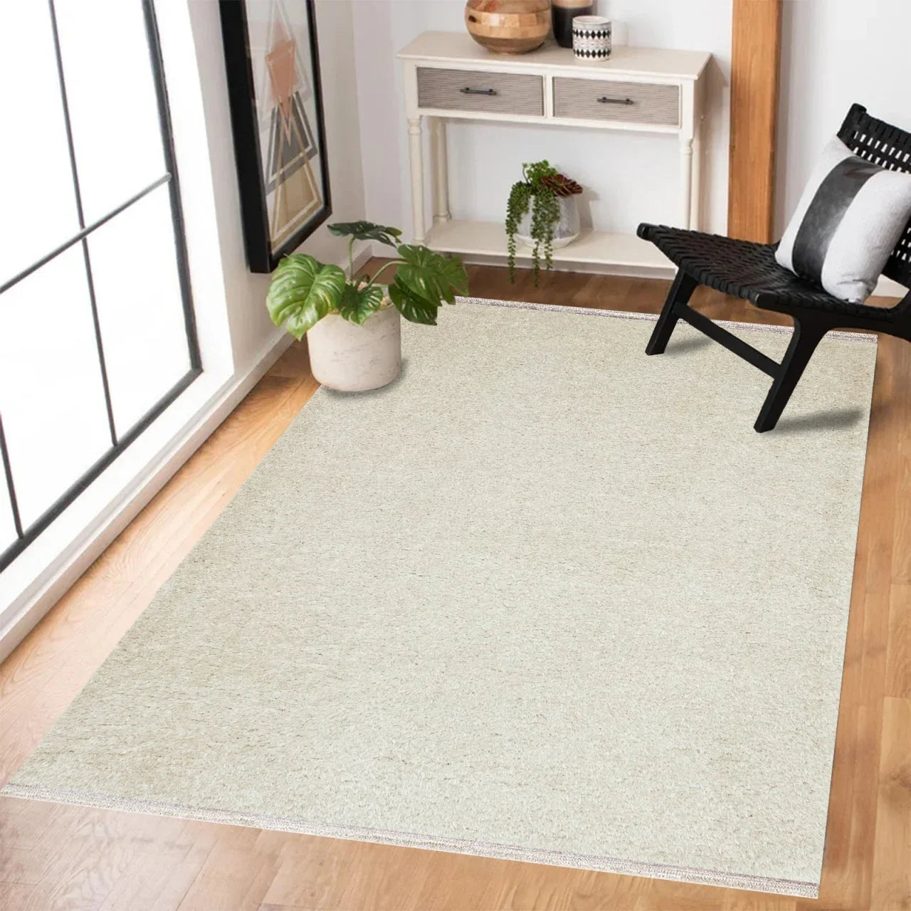Bej Krem Düz Modern Halı - Yıkanabilir - Kaymaz Taban - Pati Dostu