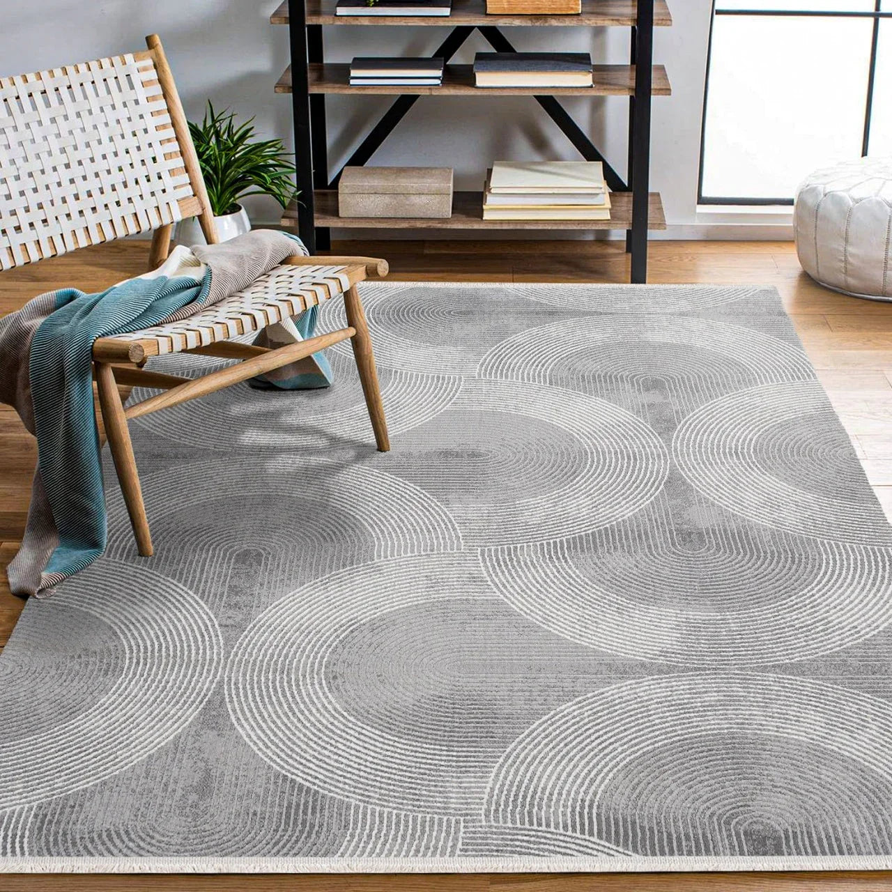 Antrasit Beyaz Geometrik Minimalist Halı - Yıkanabilir - Kaymaz Taban - Pati Dostu