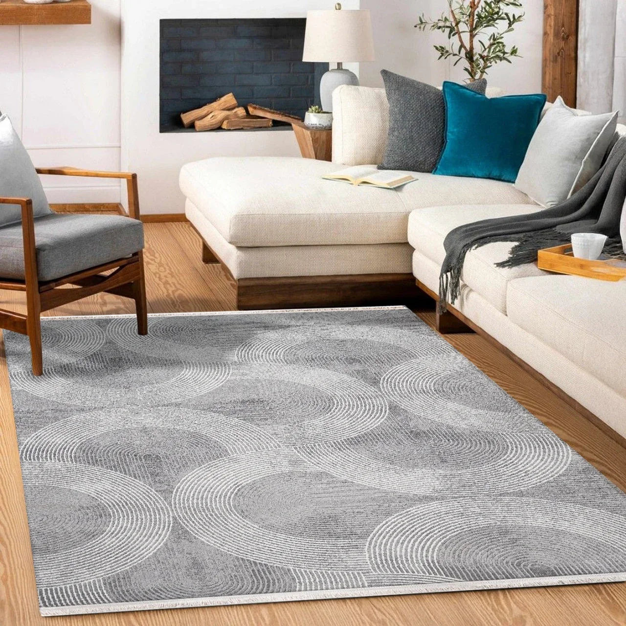 Antrasit Beyaz Geometrik Minimalist Halı - Yıkanabilir - Kaymaz Taban - Pati Dostu
