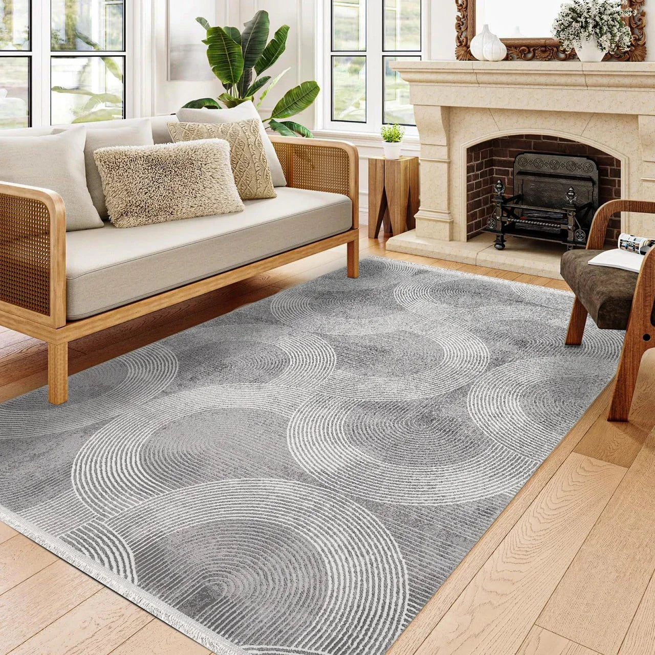Antrasit Beyaz Geometrik Minimalist Halı - Yıkanabilir - Kaymaz Taban - Pati Dostu