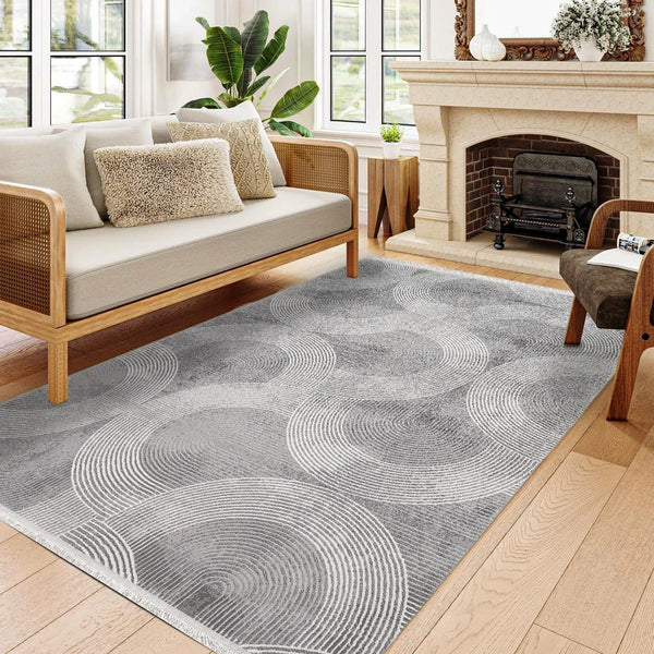 Antrasit Beyaz Geometrik Minimalist Halı - Yıkanabilir - Kaymaz Taban - Pati Dostu