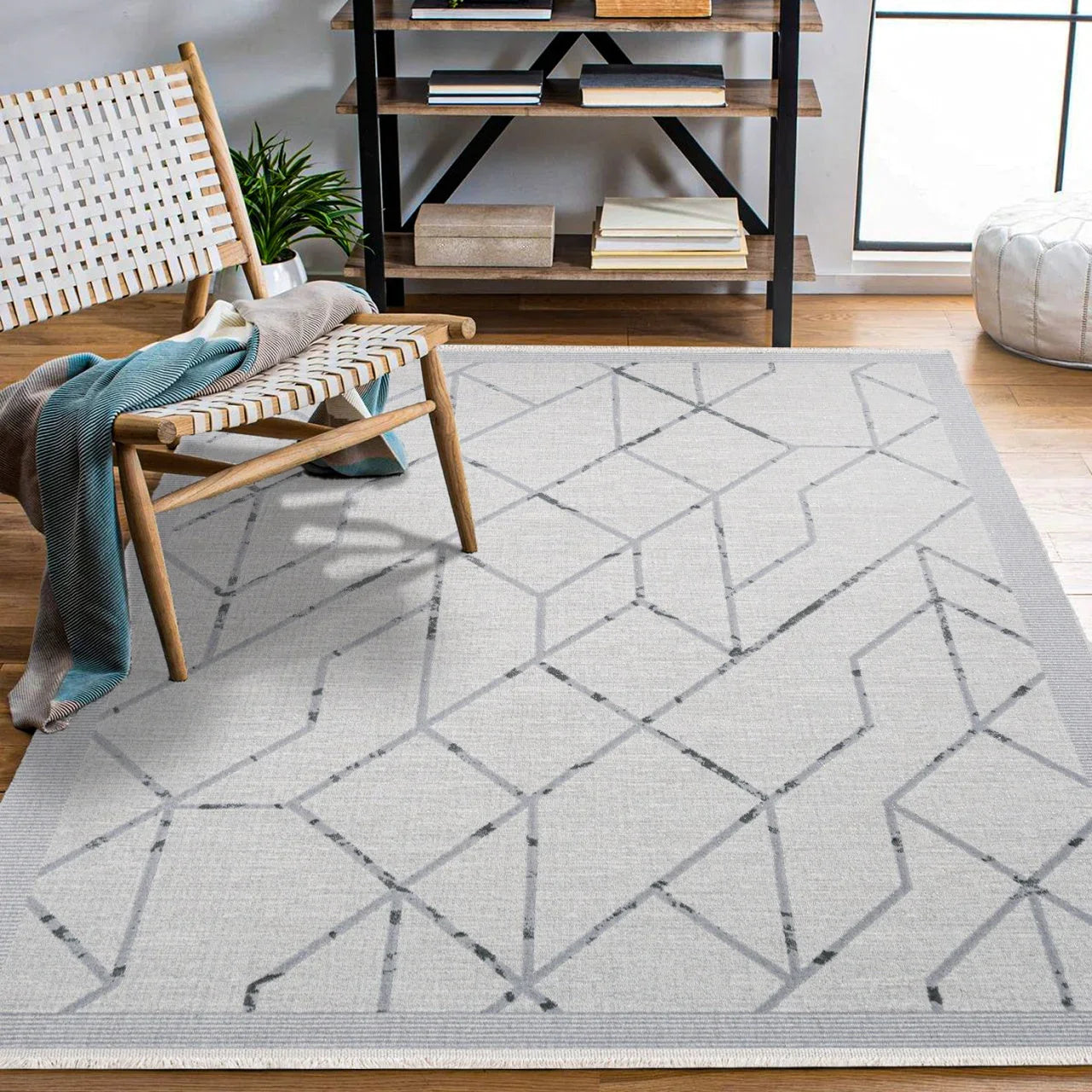 Antrasit Gri Geometrik Minimalist Halı - Yıkanabilir - Kaymaz Taban - Pati Dostu