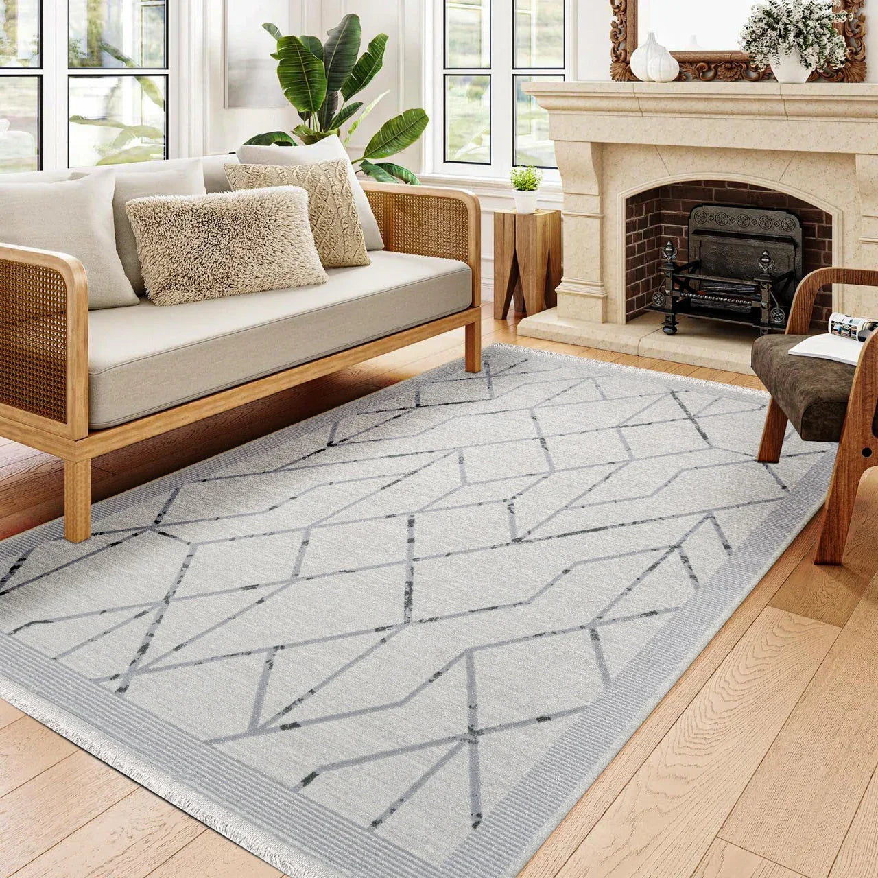 Antrasit Gri Geometrik Minimalist Halı - Yıkanabilir - Kaymaz Taban - Pati Dostu