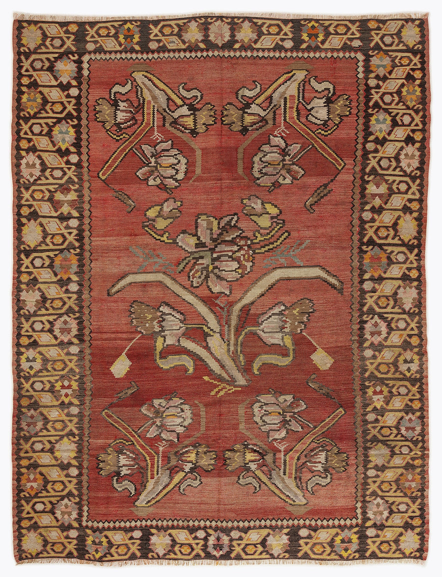 Varevi Kırmızı ve Kahverengi Çiçek Desenli El Dokuma Kilim 200x260 cm