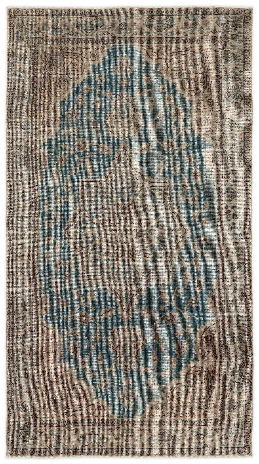 Tirena Mavi ve Bej Madalyon Desenli El Dokuma Halı 118x213 cm