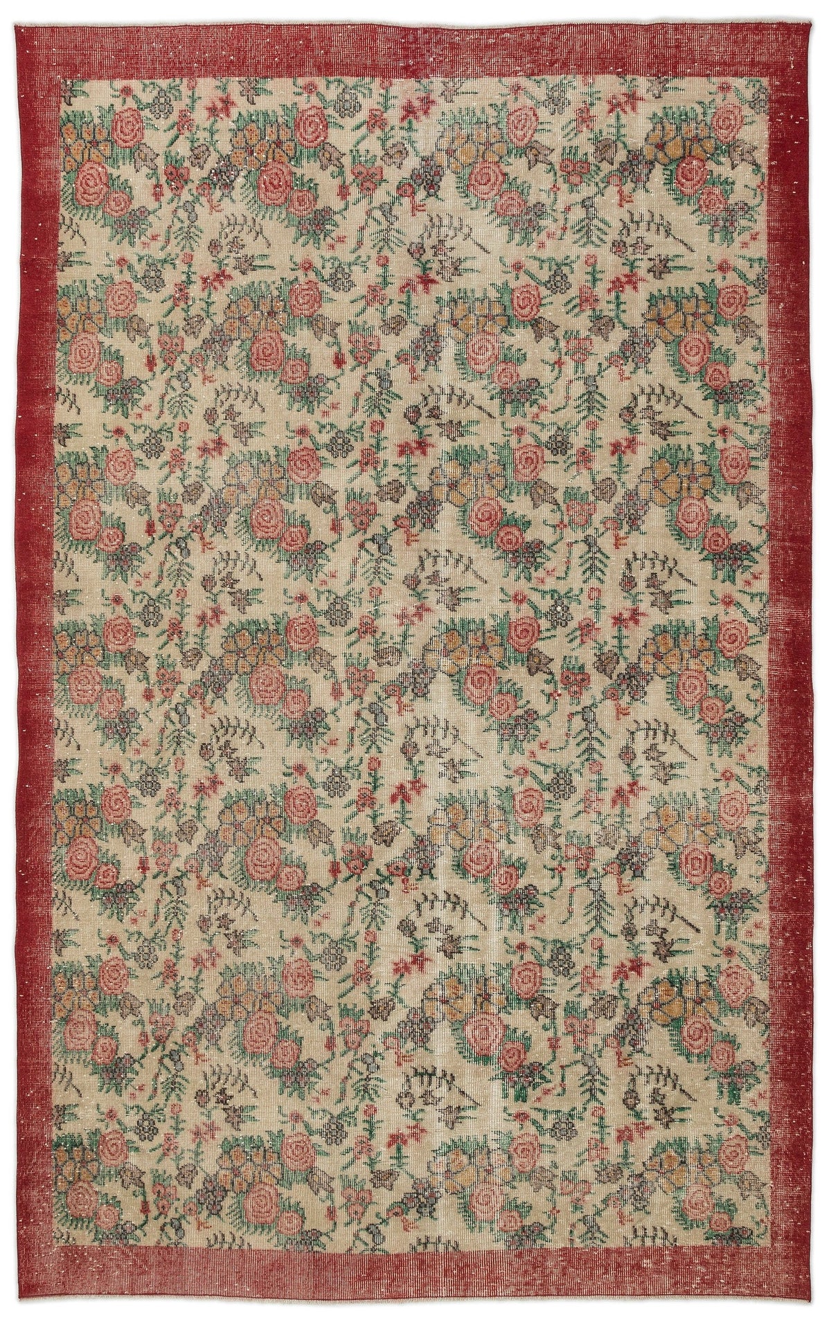 Tirena Bej ve Kırmızı Çiçek Desenli El Dokuma Halı 202x310 cm