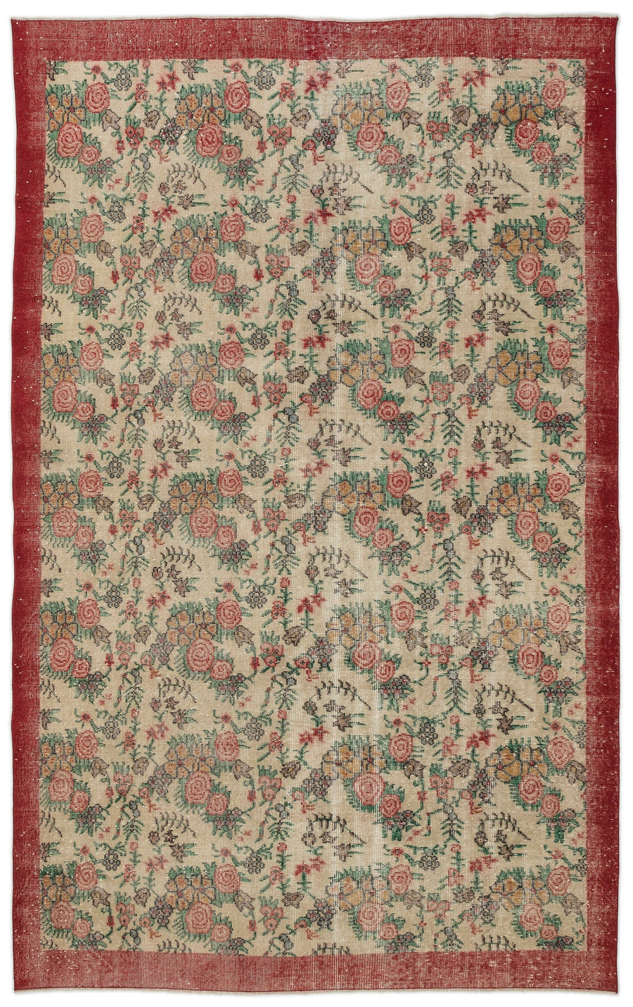 Tirena Bej ve Kırmızı Çiçek Desenli El Dokuma Halı 202x310 cm