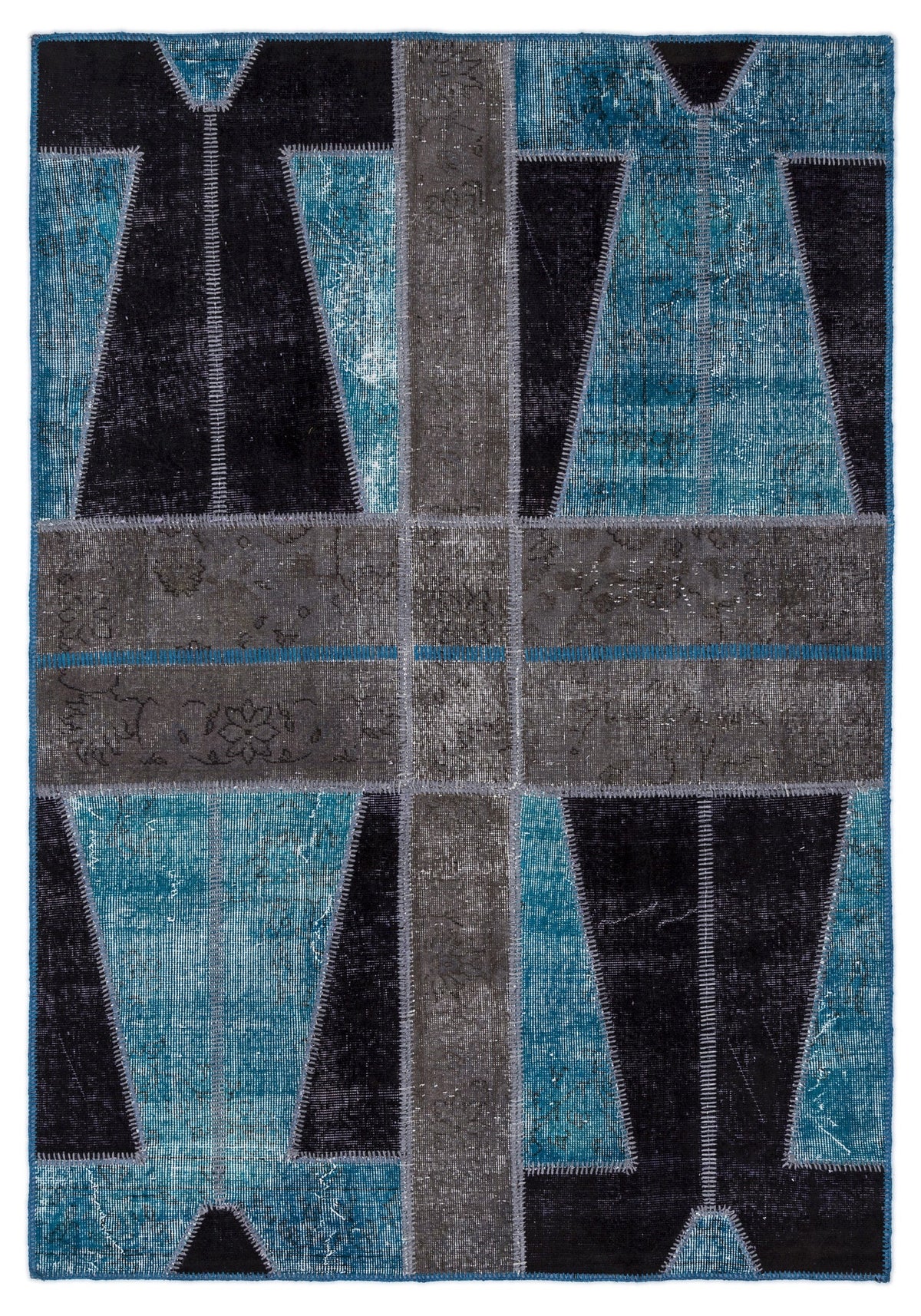 Kilva Turkuaz ve Gri Patchwork Desenli El Dokuma Halı 160x230 cm