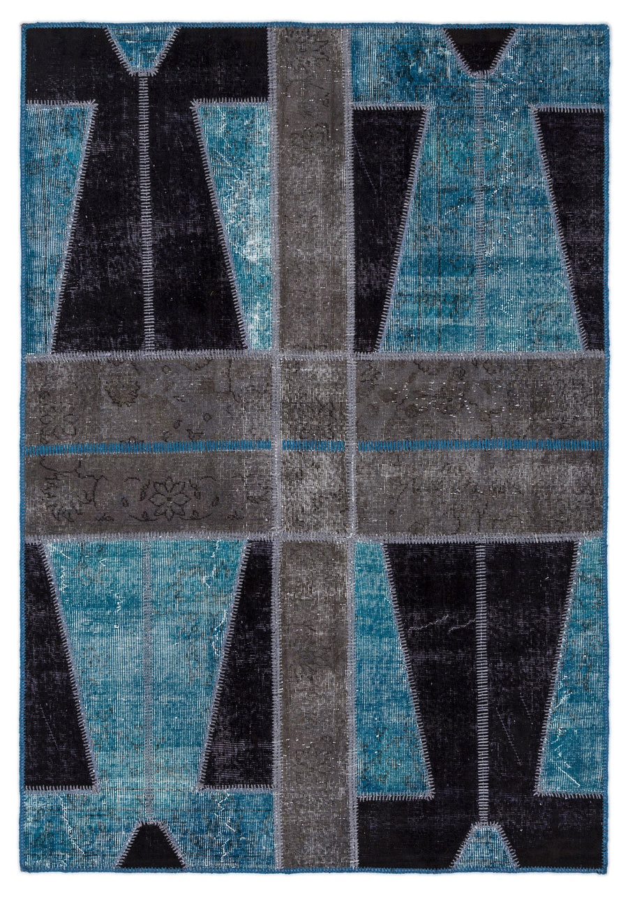 Kilva Turkuaz ve Gri Patchwork Desenli El Dokuma Halı 160x230 cm