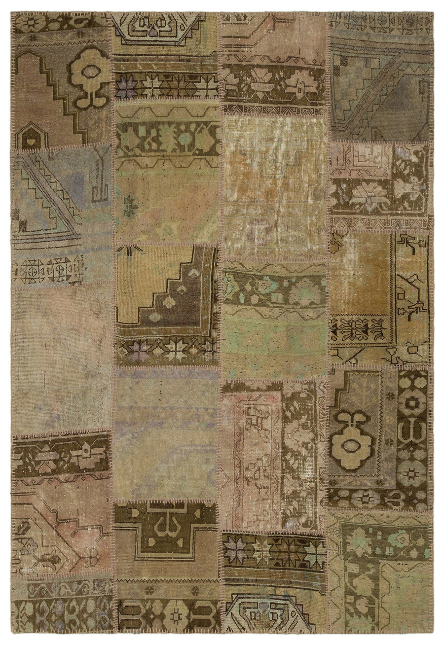 Kilva Kahverengi ve Bej Patchwork Desenli El Dokuma Halı 160x233 cm