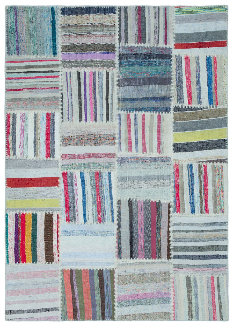 Kenove Beyaz ve Çok Renkli Çizgili El Dokuma Kilim 160x225 cm