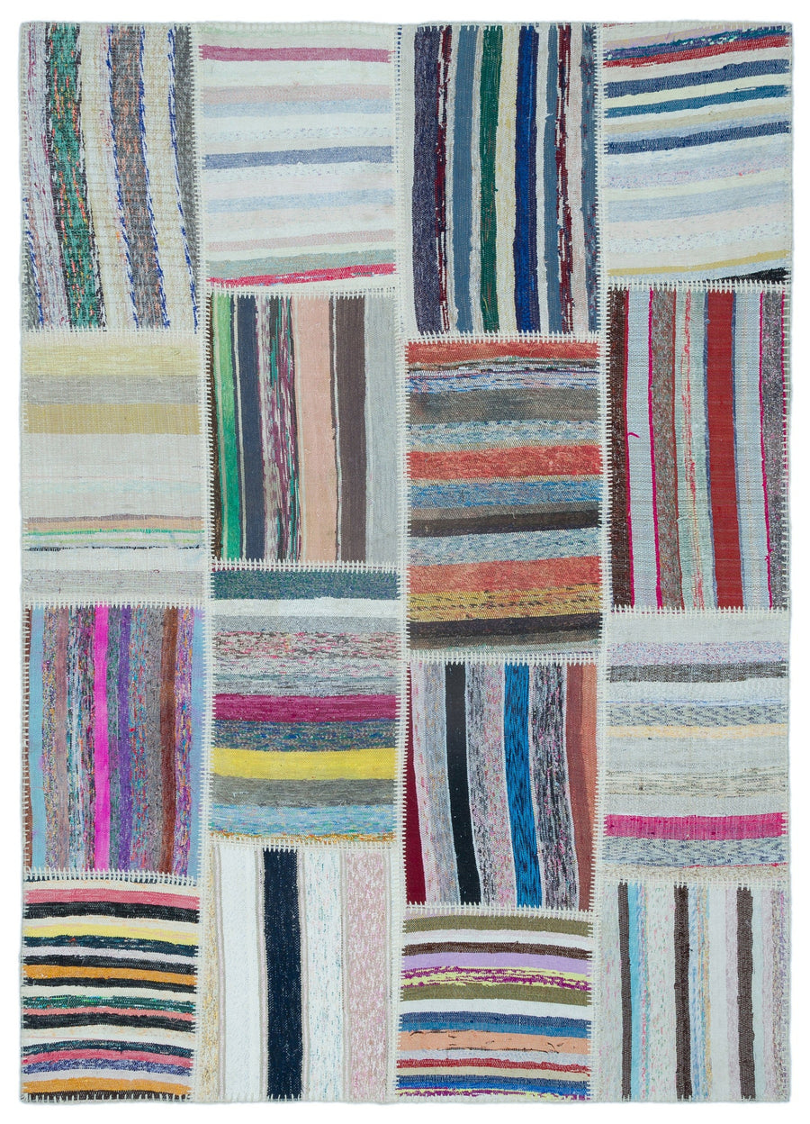 Kenove Çok Renkli ve Beyaz Çizgili El Dokuma Kilim 160x225 cm