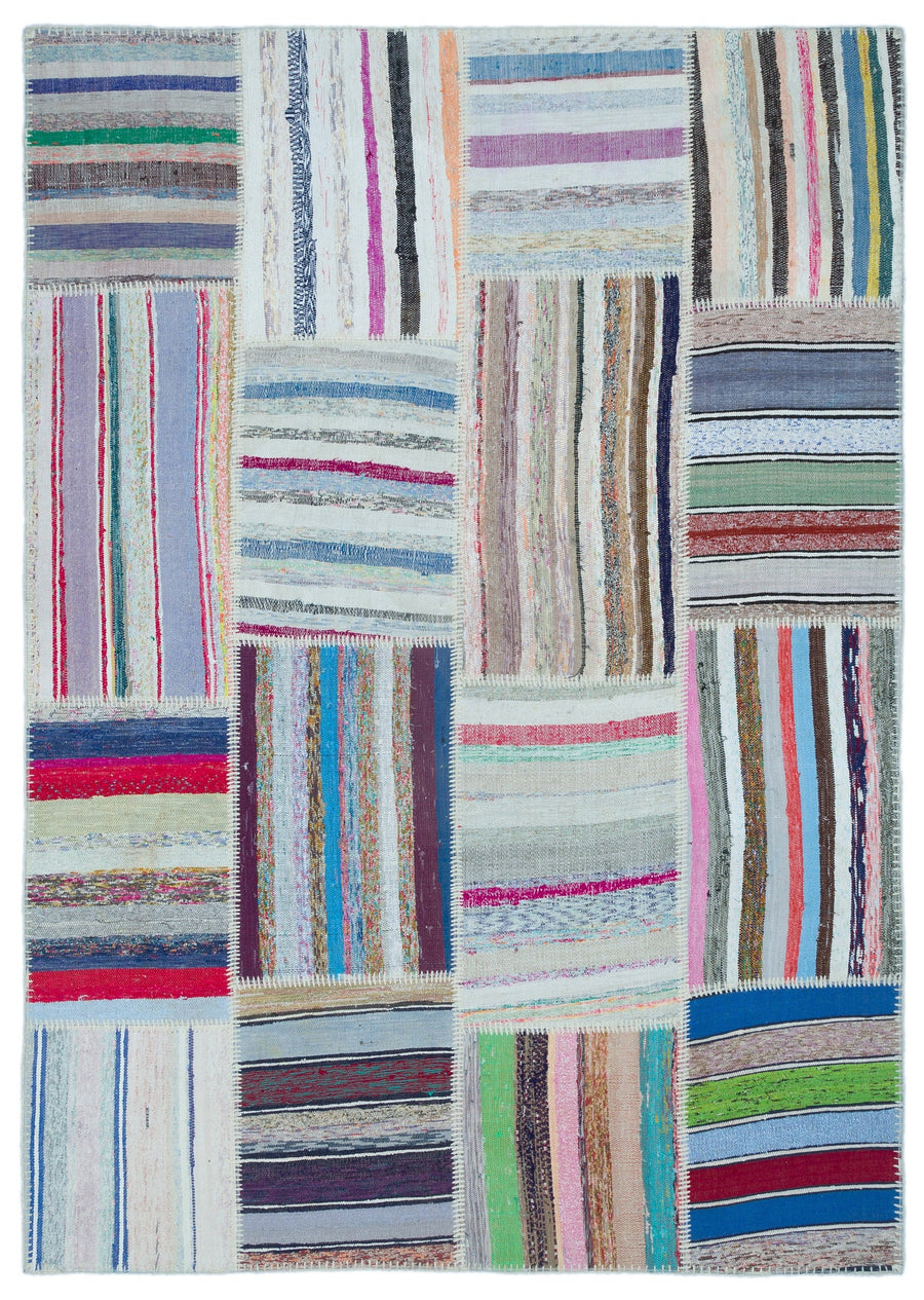 Kenove Çok Renkli ve Beyaz Çizgili El Dokuma Kilim 160x226 cm
