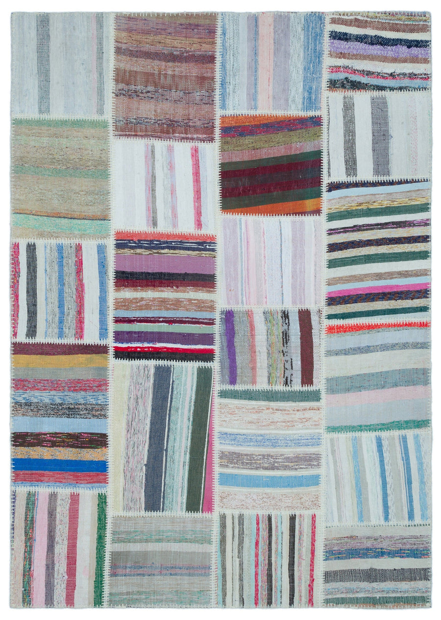 Kenove Çok Renkli ve Beyaz Çizgili El Dokuma Kilim 160x227 cm