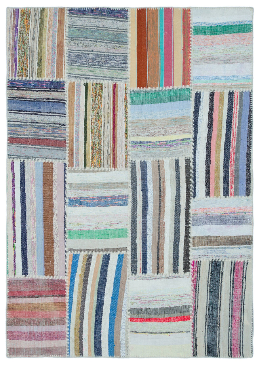 Kenove Çok Renkli ve Beyaz Çizgili El Dokuma Kilim 160x225 cm