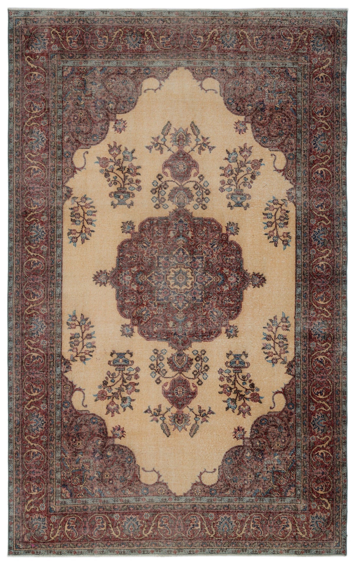 Tirena Bej ve Bordo Madalyon Desenli El Dokuma Halı 187x309 cm