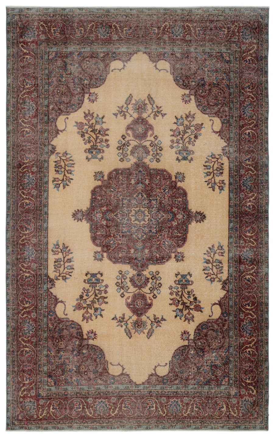 Tirena Bej ve Bordo Madalyon Desenli El Dokuma Halı 187x309 cm