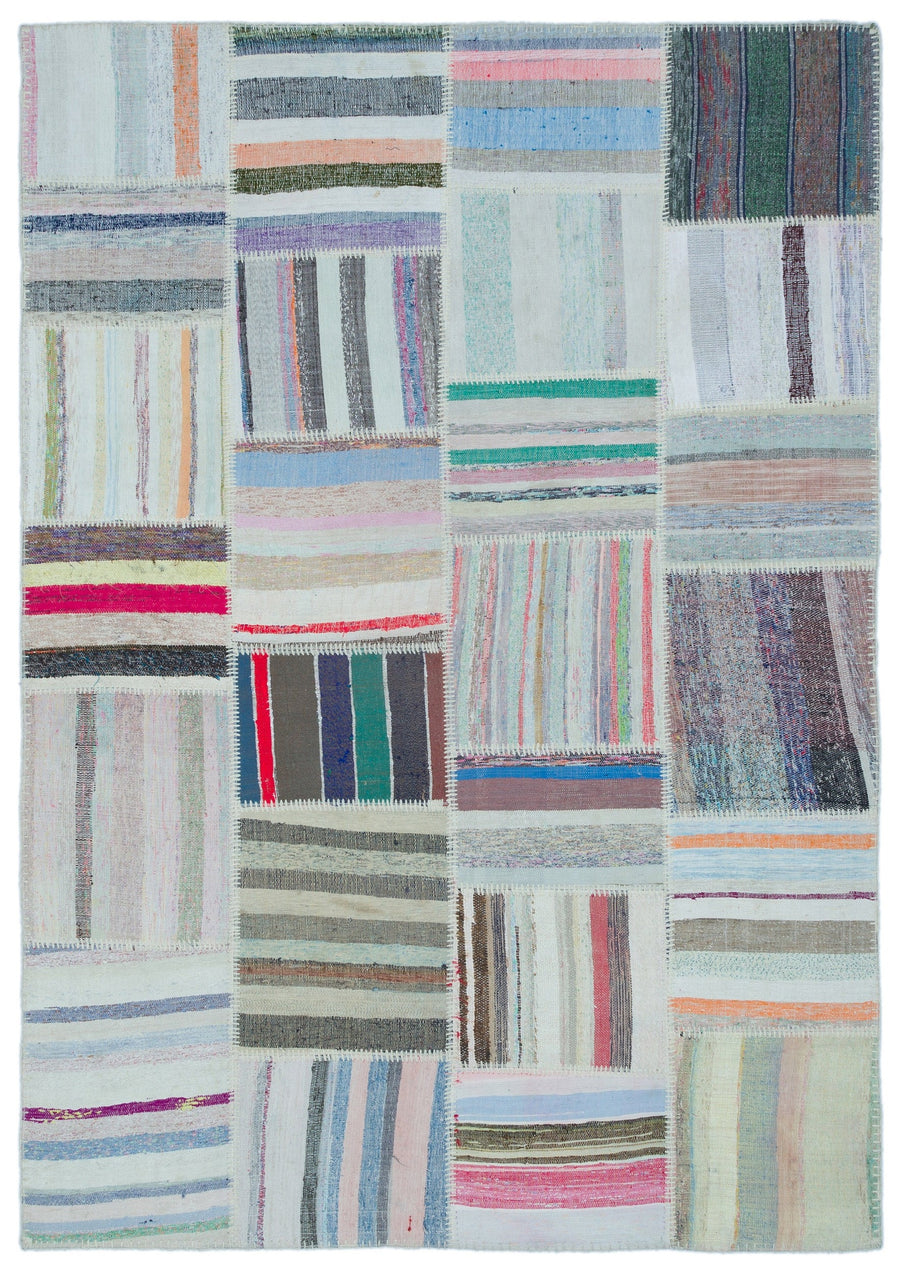 Kenove Beyaz ve Çok Renkli Çizgili El Dokuma Kilim 160x227 cm