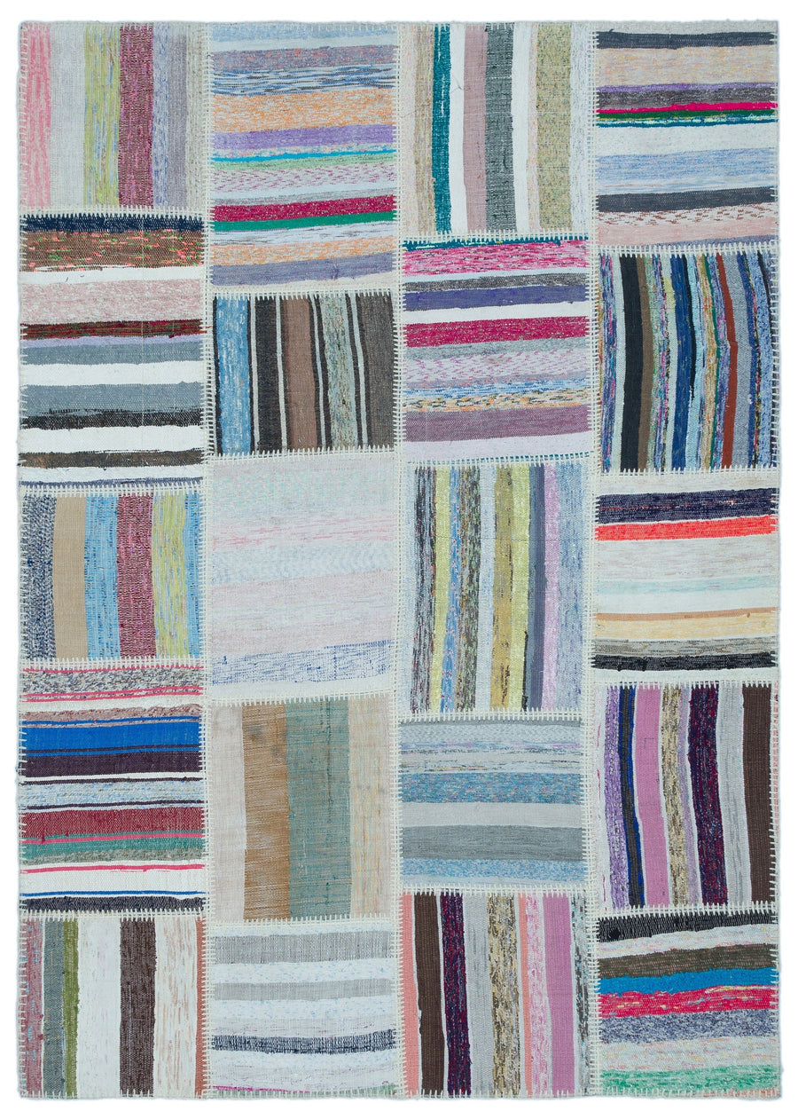 Kenove Çok Renkli ve Beyaz Çizgili El Dokuma Kilim 160x225 cm